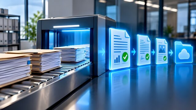 Digital document scanning machine converting paper stack into verified cloud storage files