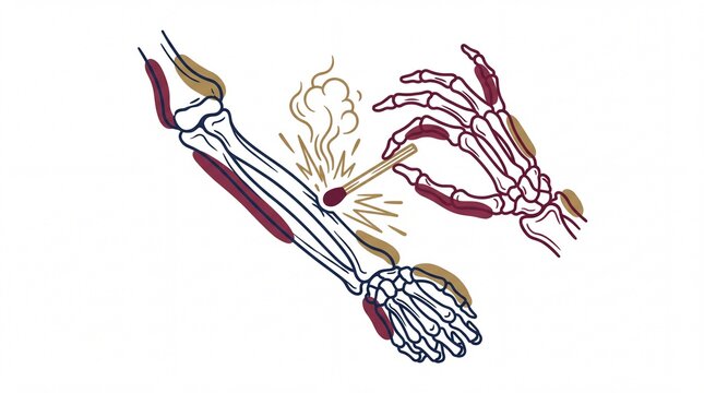 Skeletal hand striking match on radius bone for ignition spark in vector line art style