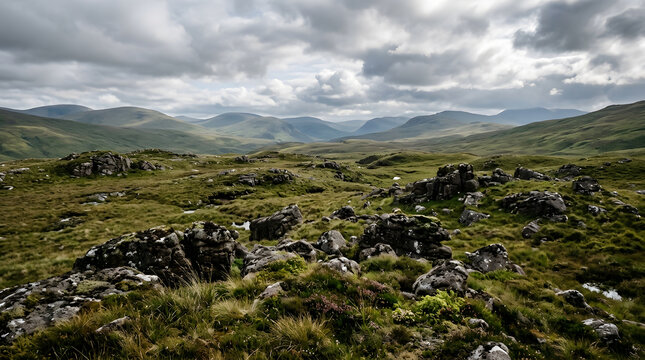 Vast green and grey mountainous landscape with rugged rocks, textured grass, and dramatic cloudy sky. A serene natural scene, ideal for outdoor backgrounds, travel blogs, environmental designs, and