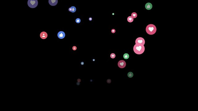 Floating social media reaction badges, heart and like reactions animation against dark background