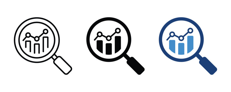 Data analysis icon with magnifying glass and graph chart. Business analytics and audit symbol.