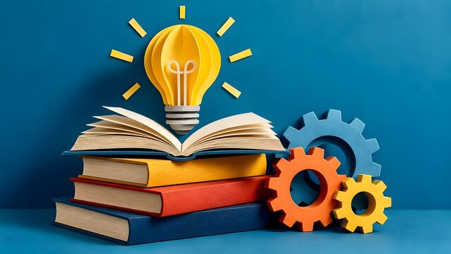 Yellow papercut lightbulb emerging from open book on stack with colorful gears representing creative idea generation and education