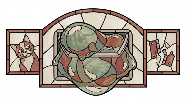 Stained glass illustration of a blob monster squeezing through a cat flap with cat and broken hinge