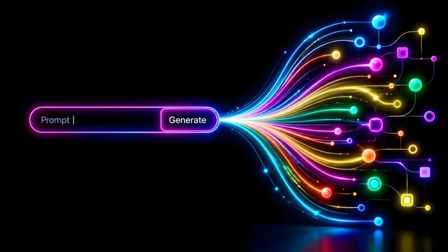 Glowing digital prompt bar generating colorful fiber optic network nodes representing artificial intelligence creation