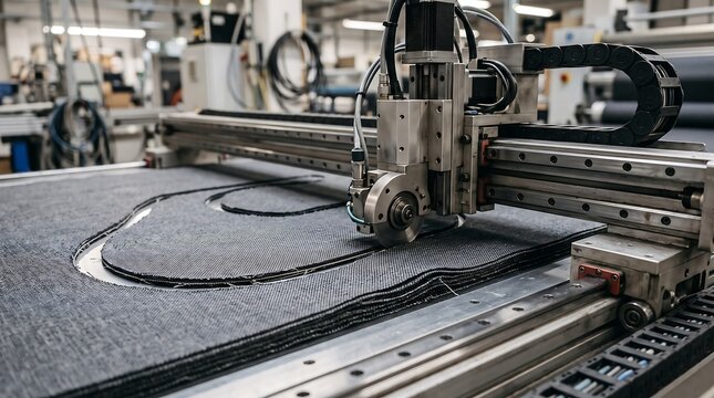 Cnc machine cutting intricate pattern on textured material with industrial proce