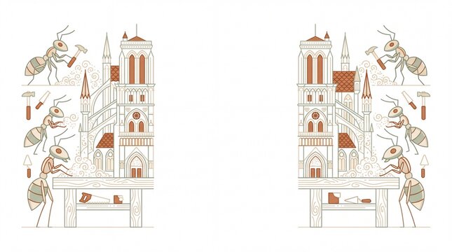 Carpenter ants constructing miniature cathedral facade in decorative vector line art frame