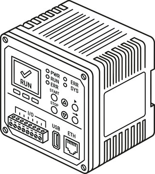 Isometric line drawing of a compact industrial programmable logic controller.