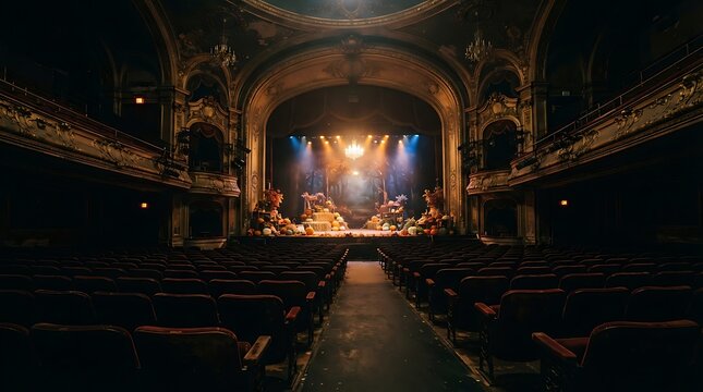 An empty vintage theater with rows of red velvet seats facing a stage decorated with autumn pumpkins and warm theatrical spotlights glowing