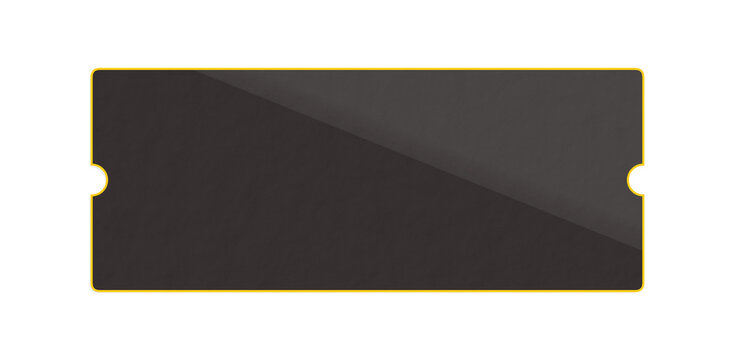Ticket template in black with a gold border and side notches is isolated on a transparent background.