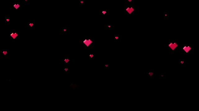 8 bit retro pixel art red hearts falling on black background romantic love theme illustration