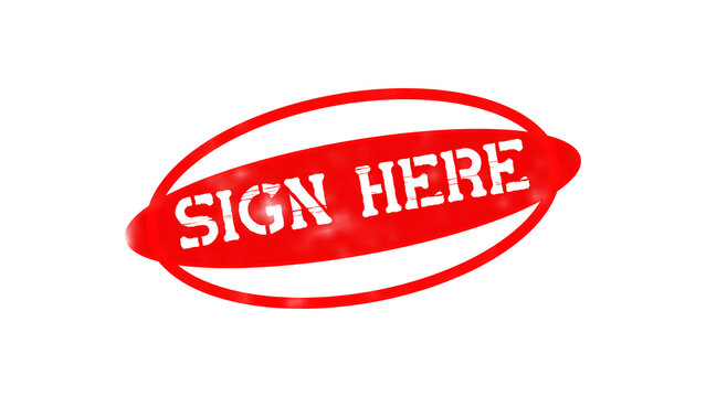 Red oval rubber stamp with the text sign here in a white stencil font on a transparent background, for marking important, document locations isolated on a transparent background