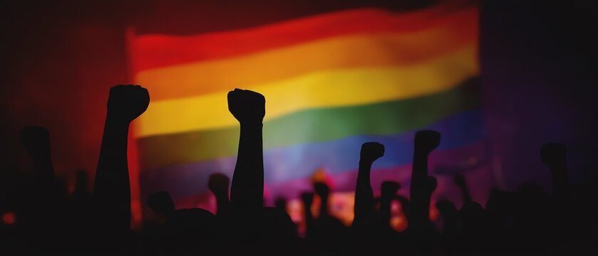 Hands raised in unity beneath a pride flag.