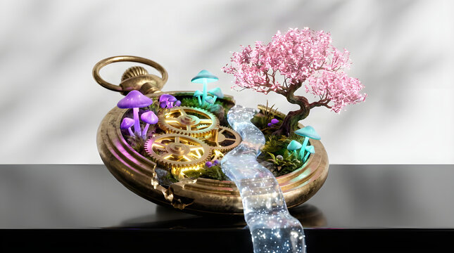 Steampunk pocket watch terrarium with cherry blossom tree and mechanical gears glowing mushrooms miniature garden fantasy landscape magical world bonsai tree watch parts whimsical dec