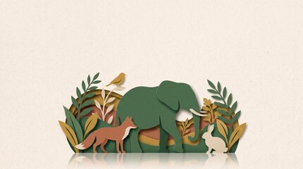 Fototapeta premium Paper cutout elephant stands beside a fox, rabbit, and bird. Layered leaves frame the centered wildlife group with wide copy space above. Nature education and conservation concept.