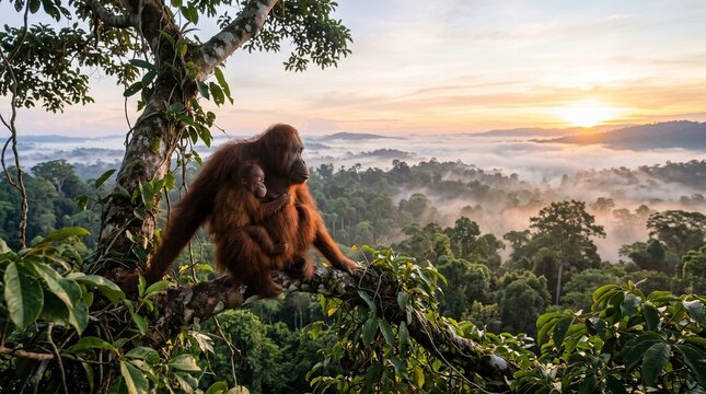 Orangutans Sitting on Branch Overlooking Misty Sunrise. Two orangutans sitting together on a high tree branch, looking out over a breathtaking, misty rainforest landscape at sunrise.