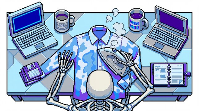 Pixel art skeleton ironing shirt on 90s retro work desk