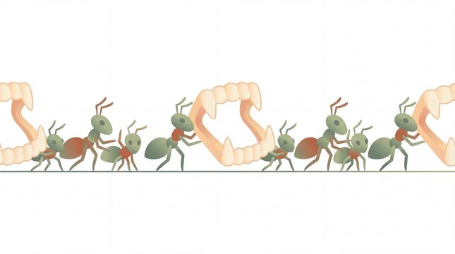 Vector illustration of ants cooperatively carrying a large vampire fang