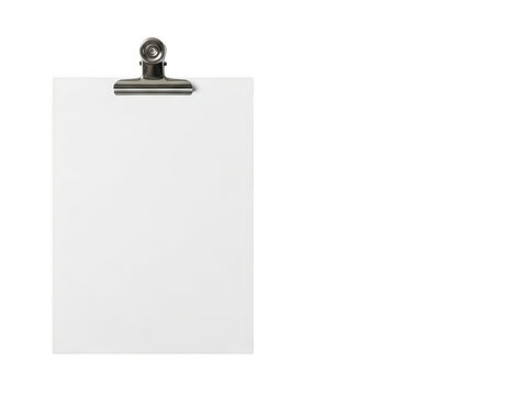 Blank paper sheet on a metal clipboard isolated on transparent background