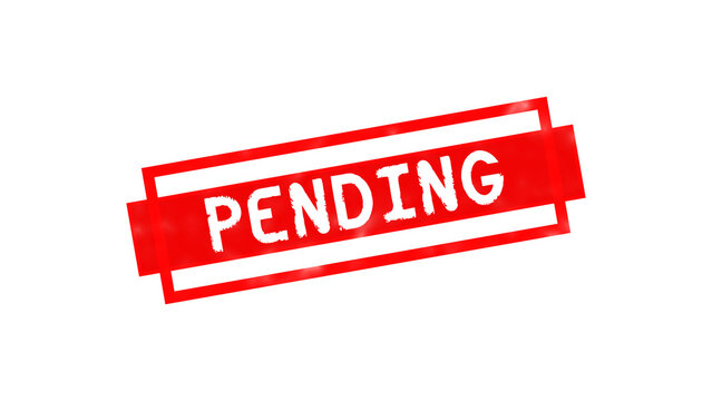 Red rectangular rubber stamp with the word pending written in white bold capital letters on a solid black background, for financial documents isolated on a transparent background