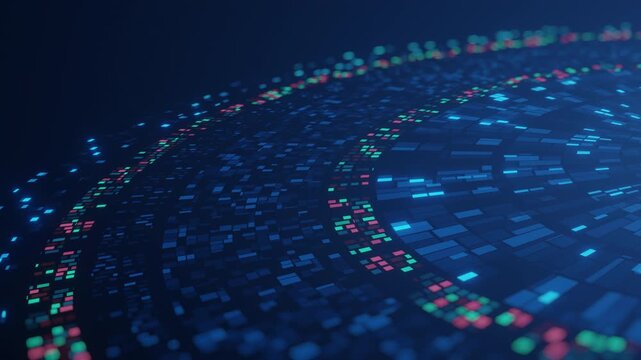 Futuristic circular digital network visualization with glowing data blocks, conveying technology, connectivity and big data.