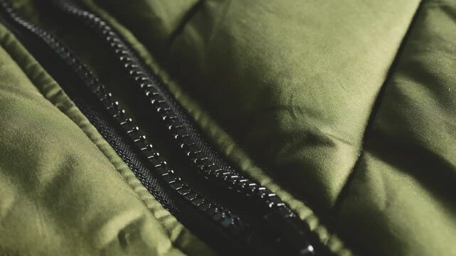 A close-up of a black zipper on an olive green puffer jacket reveals plastic teeth, slider, locked quilted seasonal clothing, warm autumn or winter outerwear fabric texture, and sportswear design.