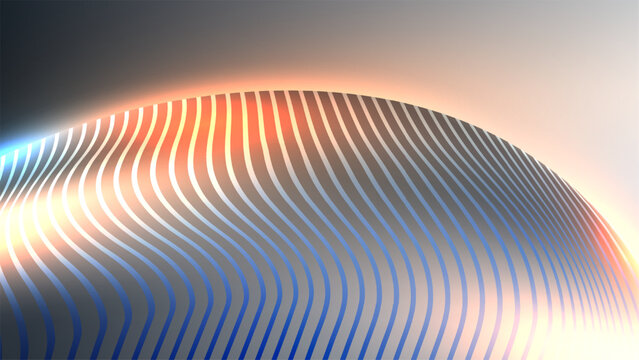 3d abstract background futuristic curved dome surface with neon blue and orange glowing lines wave striped pattern sleek metallic gradient texture high tech dynamic motion digital artwork