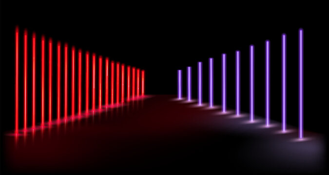 Neon light poles create a mesmerizing corridor of illuminated colors in shades of red pink, enhancing a futuristic atmosphere and inviting exploration through a digital landscape