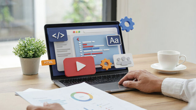 Person analyzing website development layouts and graphics on laptop for modern user interface design.