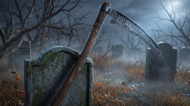 Grim reaper scythe resting on gravestone in foggy graveyard  