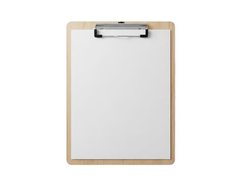 Wooden clipboard with a blank white paper sheet isolated on transparent background