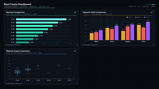 Explore a comprehensive Root Cause Dashboard featuring detailed comparisons of machines, operators, materials, and supplier lots with vibrant visual analytics and precise engineering design.