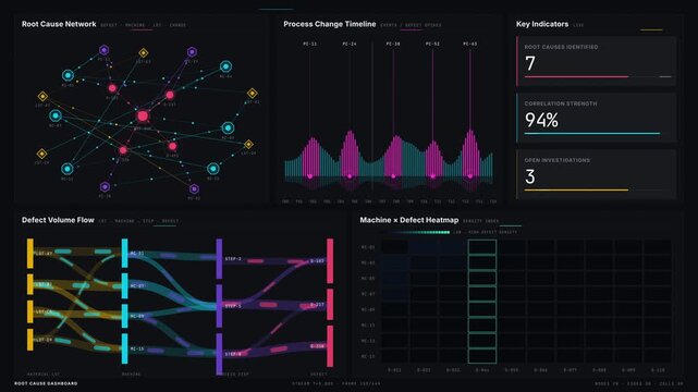 A cinematic dark-mode manufacturing intelligence dashboard visualizing connections between defects, machines, materials, and process changes in 4K resolution.