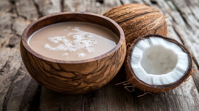 kava. Traditional wooden bowl filled with cloudy kava drink and coconut shell. lifestyle magazines, social media lookbooks, designed for influencer and brand collaborations, drives engagement.