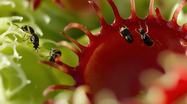 flytrap. A Venus flytrap flower surrounded by insects in a close-up view. gardening catalogs, home-decor guides, designed for gardening and botanical catalogs, used by policy analysts.