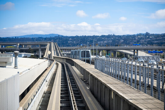 SFO AirTrain arriving at San Francisco International Airport station