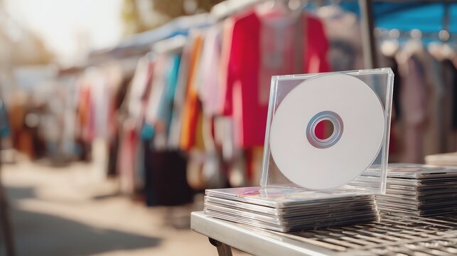 A vibrant market scene with CDs and clothing.