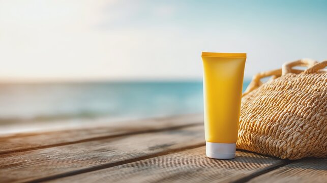 Sunscreen tube on wooden surface by the beach.