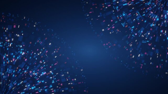 Dark blue circular tech background with pixel bursts suggesting data, network, and futuristic digital connection.
