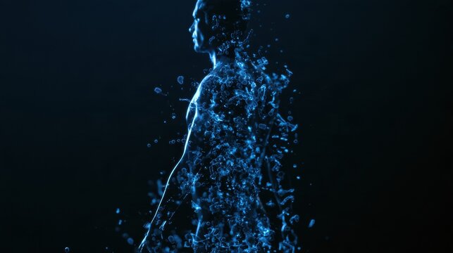 An abstract human figure displays a layer of glowing bacteria, emphasizing the concept of microbial self outnumbering human cells in a dark setting.