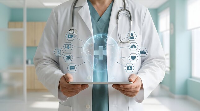 Doctor presenting digital healthcare network with global connections and medical icons