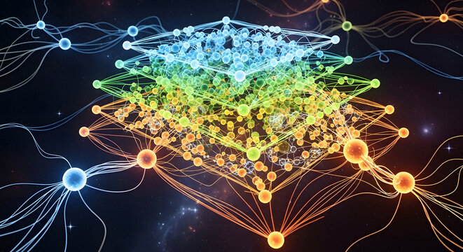 Abstract neural network layers represented by glowing spheres for data processing.