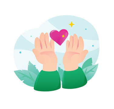 Flat vector illustration of open human hands holding a shiny pink heart. Concept of charity donation, healthcare support, customer loyalty, trust, and mutual help. Isolated circle background.