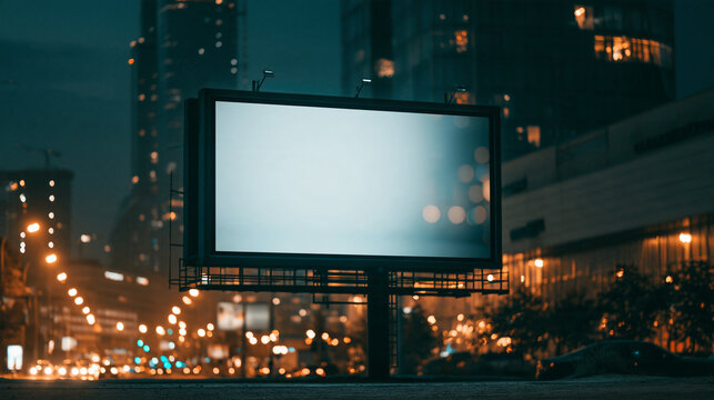Large blank billboard in city at night