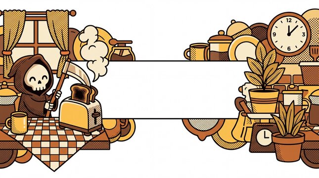 Cartoon grim reaper prying burnt toast from smoking toaster with scythe in kitchen vector banner