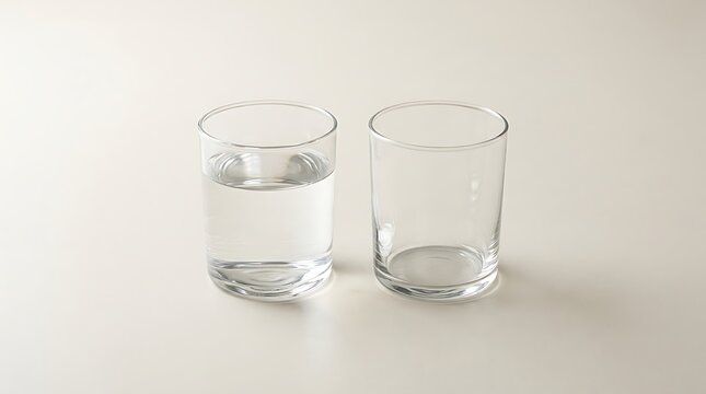 Two clear drinking glasses symbolizing honesty day, one filled with water and one empty on a neutral white background
