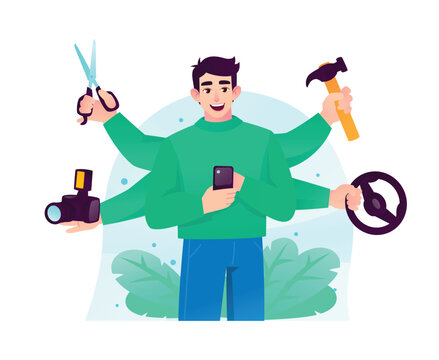 Multitasking handyman and skilled professional freelancer vector illustration. Six armed man holding hammer, scissors, photo camera, steering wheel, and smartphone, symbolizing general service.