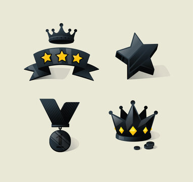 Premium black award elements set including a crown, ribbon with stars, medal, and 3D star. Concept of luxury status, VIP membership reward, high quality rating, and business success.