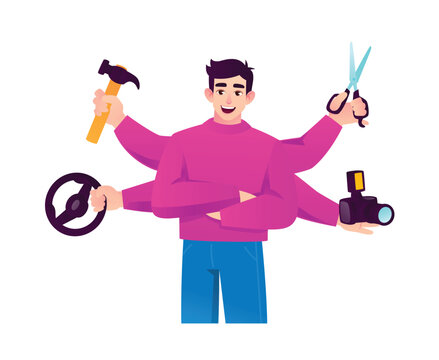 Multi armed young man balancing different tasks and professions like driving, photography, and crafting. Concept of multitasking skills, time management, and career versatility.