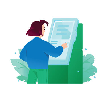 Woman using a self-service payment terminal or ATM touch screen. Concept of digital banking, automated retail transactions, and interactive kiosks. Great for financial apps and banners.