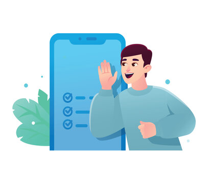 Young man sharing positive news or shouting an announcement near a huge smartphone with a completed checklist. Concept of task management, mobile survey, and voting app.